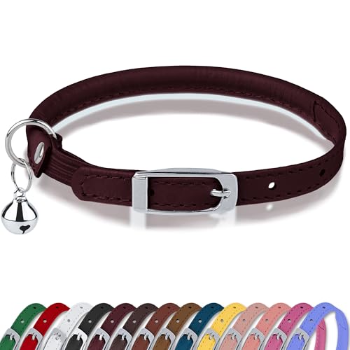 OOPSDOGGY Rolled Leather Cat Collar with Bell, Reflective Kitten Collars with Buckle Include Safety Elastic Strap - Adjustable Small Pet Collars for Boy Girl Cats (Burgundy) - color: Burgundy