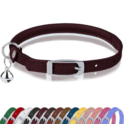 OOPSDOGGY Rolled Leather Cat Collar with Bell, Reflective Kitten Collars with Buckle Include Safety Elastic Strap - Adjustable Small Pet Collars for Boy Girl Cats (Burgundy) - color: Burgundy