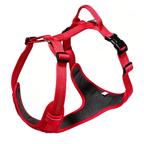 No Pull Dog Harness for Large Dogs, Adjustable, Reflective Breathable Padded Vest with 2 Metal Leash Clips and Handle for Control or Car Seatbelt Use, Red, L - color: Red, size: L