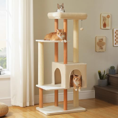 PAWZ Road Large Cat Tree, 53 Inches Modern Wooden Cat Tower for Indoor Large Cats, Multi-Level Cat Condos with Long Scratching Posts and Natural Wood Posts-Beige - color: Beige, size: 53"