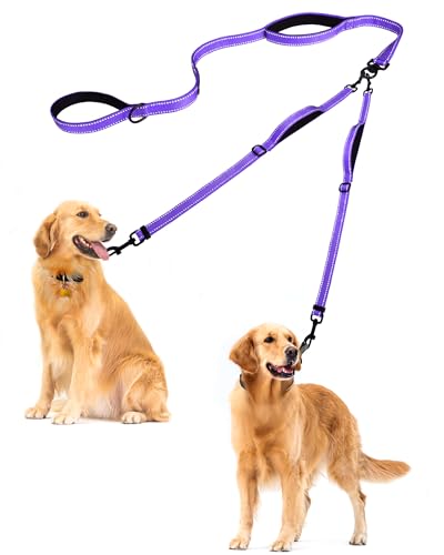 Double Dog Leash, No Tangle Dual Leash, Reflective Walking Training Lead, 4 Comfortable Padded Handles for 2 Dogs with Collapsible Bowl and Waste Bags (Purple, Large) - color: Purple
