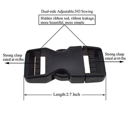SGH Pro Quick Side Release Buckles 1" Wide 5 Pack Dual Adjustable No Sewing Clips Snaps Heavy Duty Plastic Replacement for Nylon Strap Backpack Fanny Pack Nylon Webbing Belt Dog Collars