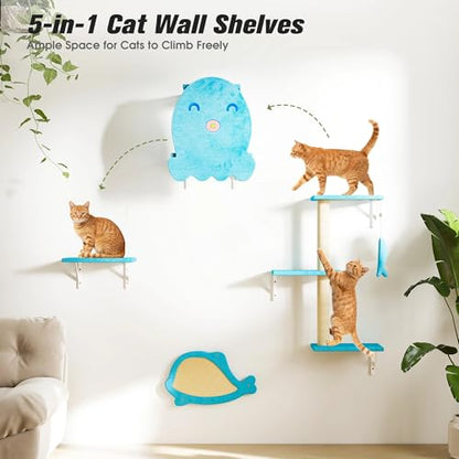 5 Pcs Wall-Mounted Climber Set, Wood Indoor with Shelves and Perches, Ladder, Condo House, Scratching Board and Tree, Wall Shelves Furniture for Cats (Ocean Blue) - color: Ocean Blue