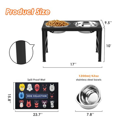 ADENGL Metal Raised Dog Bowl, 10" Tall Elevate Dog Feeder Stand with 2 Stainless Steel 42oz Bowls & 16x24 Non-Slip Mat – Stronger Dogs Food & Water Bowl Stand (Black) - color: Black - L Dog Mat, size: Height-10inch