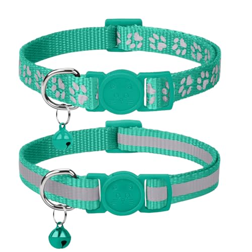 Taglory Reflective Cat Collar Breakaway with Bell, High Visibility Night Strip, Lightweight Adjustable Nylon Collar for Boy Girl Cats, 2 Pack, 7.5-12.5 Inch, Turquoise - color: Turquoise, size: 7.5-12.5"