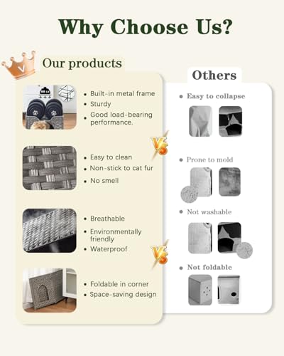 SETVSON Cat Beds Indoor Kitten House, Handwoven Rattan Cat Cave Pet Cube, Large Cat Houses, One Bed Mat, Foldable, Hideaway, 16.5x16.5x13.2 Inches, 2 S-Shaped Hooks in Living Room Bedroom Gray - color: Gray, size: Rectangle-M