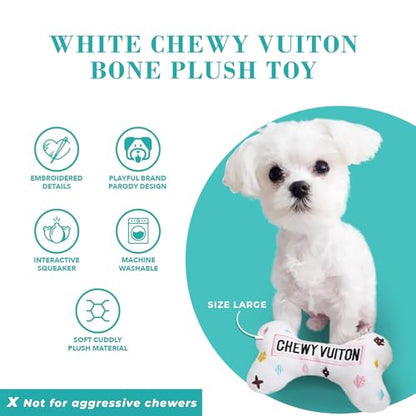 Haute Diggity Dog Chewy Vuiton Bone Plush Squeaky Dog Toy, Soft Durable Designer-Inspired Stuffed Puppy Chew Toys for Small & Medium Dogs, Machine-Washable (White) Small - color: White Bone, size: Small