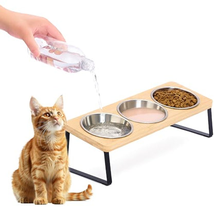 Hannadepot Elevated Cat Bowls, 15° Tilted Raised Cat Food and Water Bowl, Anti-Vomit & Whisker-Friendly Design, 3 Stainless Steel Bowls for Cats and Small Dogs