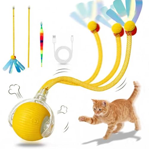 Rechargeable Smart Rolling Cat Ball, Automatic Interactive Cat Toy with 3 Modes, LED Light & 3 Replaceable Accessories, Indoor Cat Exercise Toy for Kittens & Adult Cats, for Boredom Relief Yellow - color: Yellow