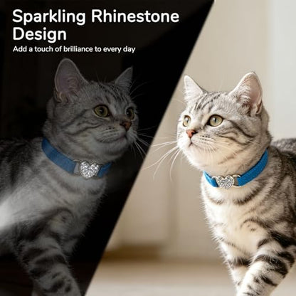 BINGPET Diamond Cat Collar,Adjustable Soft Velvet Leather Safe Kitten Collar with Crystal Heart Charm and Bells,Girl Boy Bling Stylish Cat Collars with Safety Elastic (Blue, Neck Girth 8"-10") - color: Blue(Heart), size: Neck Girth 8"-10"