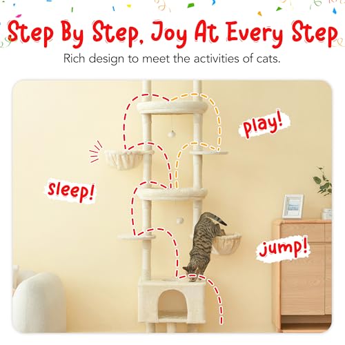 Cat Tree, Floor to Ceiling Cat Tower Adjustable Height [92.9-102.4 in=235-258cm], 7 Tiers Cat Climbing Play House with Scratching Post, Cozy Condo & Hammocks for Indoor Cats, Beige - color: Beige
