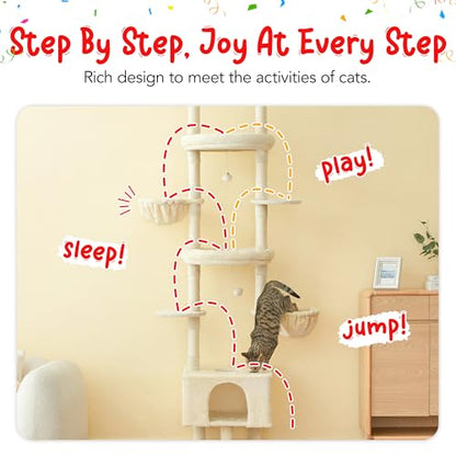 Cat Tree, Floor to Ceiling Cat Tower Adjustable Height [92.9-102.4 in=235-258cm], 7 Tiers Cat Climbing Play House with Scratching Post, Cozy Condo & Hammocks for Indoor Cats, Beige - color: Beige