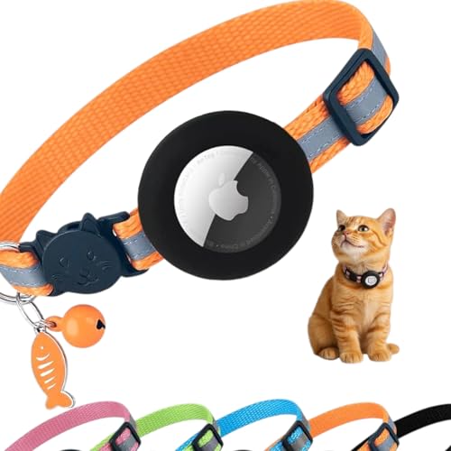 AirTag Cat Collar with AirTag Holder, Breakaway Reflective Cat Tracker Collar with Bell by AmazeGoods - color: Orange With Fish tag