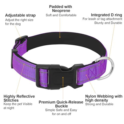 Dog Collars Adjustable for Medium Dogs,Heavy Duty Waterproof Dog Collar with Quick Release Buckle,Girl Boy Female Male Reflective Nylon Dog Collar with Soft Neoprene Padded,M,Purple - color: Purple, size: Medium