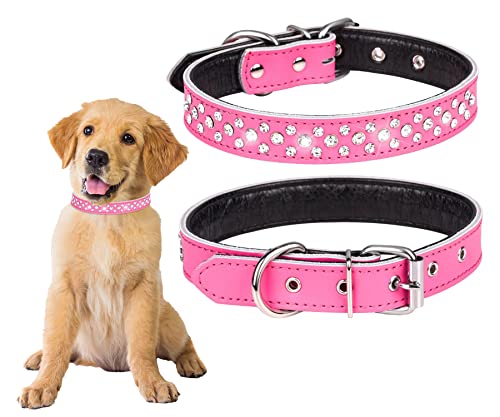 Rhinestones Pet Dog Collars Adjustable Sparkly Crystal Studded Genuine Leather Pet Collar for Small and Medium Dog 1" Wide (S(Neck 11-13"), Rose red) - color: Rose red, size: S(neck 11-13" )