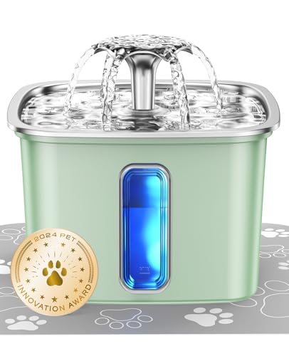 Veken Innovation Award Winner Stainless Steel Cat Water Fountain, 108oz/3.2L Automatic Pet Fountain Dog Water Dispenser with Replacement Filters & Silicone Mat for Cats, Dogs (Tea Green) - color: Tea Green+2 Filters+2 Sponges, size: 108oz (Higher Fill Lin