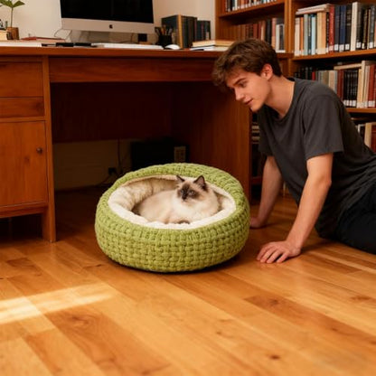 Hooded Calming Cat Cave - Hooded Kitten Bed, Cat Tent for Home Bedroom Balcony, Pet Bed with Thick Padding, Pet Sleeping House, Cave Cushion for Indoor Shelter Living Room Apartment - color: Green