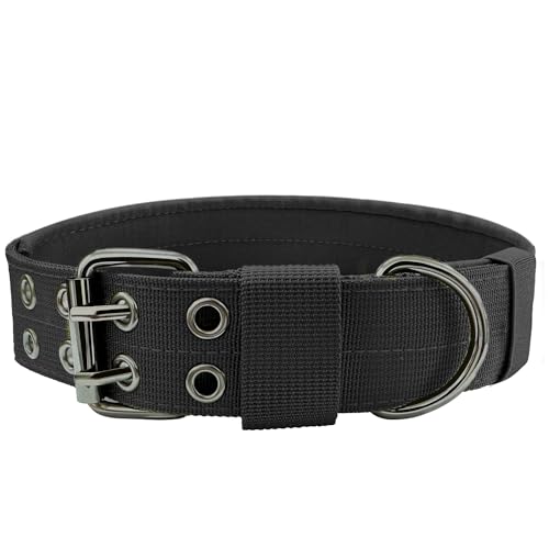 Heavy Duty Dog Collar for Large Dogs, Tactical Dog Collars with Metal Buckle & D Ring, 1.5" Width Thick Adjustable Nylon Collar for Medium Dogs, Black/M - color: Black, size: Medium