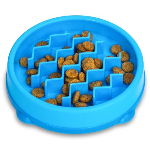 Catstages Kitty Slow Feeder Bowl for Cats & Small Dogs, Puzzle Dish for Fast Eaters, for Wet or Dry Food, Helps Slow Eating & Aid Digestion, Non-Slip, Made Without BPA, 3/4 Cup, 5-Inch, Blue - color: Blue Bowl, size: One-Size