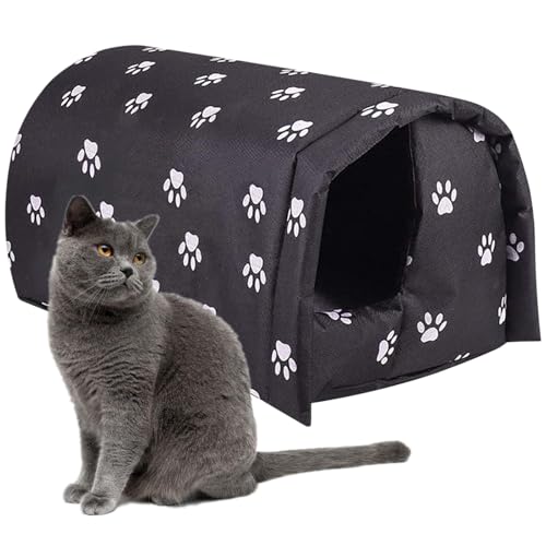 Outdoor Cat House Weatherproof, Thicken Warm Foldable Feral Cat Shelter with Windproof Loop, Winter Pet Cave Tent Bed for Outside Cats & Small Dogs (Black, 18''x16''x14'')