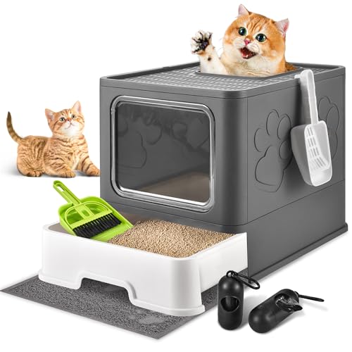 Cat Litter Box with Litter Mat, Foldable Extra Large Free in and Out/One-Way with Lid, Drawer Type Enclosed Kitty Litter Box,Odor Control Anti-Splashing Easy Cleaning (Dark Grey) - color: Dark Grey