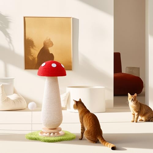 Mushroom Cat Scratching Post Cat Tree, 21.5‘’ H Cute Cat Scratcher Tower with Durable Solid Wood Turntable Toy, Mushroom Scratch Post Cat Sisal Scratcher with Catnip for Indoor Adult Cats - color: Mushroom