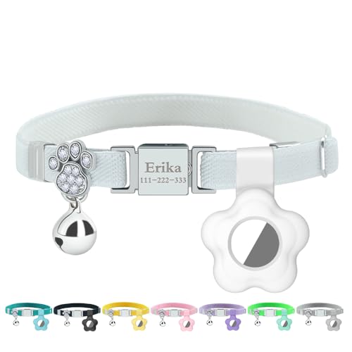 Personalized Safety Elastic Cat Collars with Bell Soft Silicone Cover for Air Tag,Laser Customized Stretch Kitten Collars for Girls Boys Cats (White) - color: White