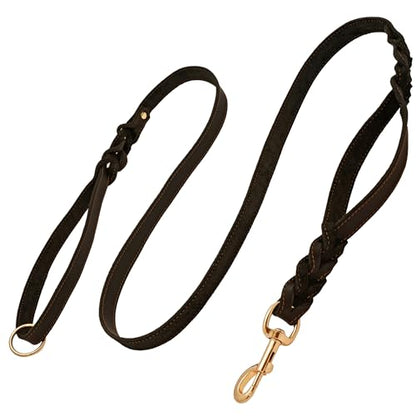 ADITYNA - Double Handle Leather Dog Leash 6ft - Heavy Duty Braided Dog Leash with Traffic Handle - Lead for Training and Walking Medium Large Breeds (Black, Two Handles 6 Foot x 5/8") - color: Black, size: Two Handles 6 foot x 5/8"