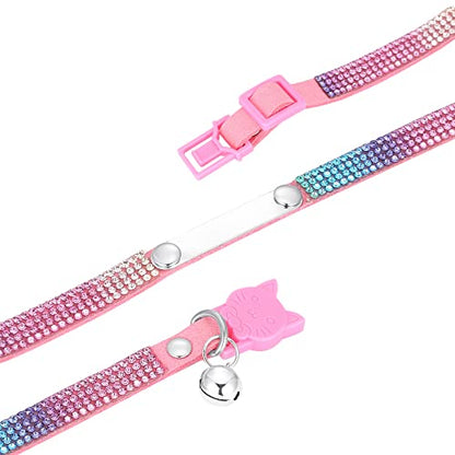 Personalized Cat Collar Breakaway Diamond Rhinestone with Bell, Customized Bling Kitten Pet Collar Adjustable with Engraved ID Name Plate (Pink) - color: Pink