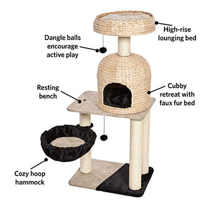 MidWest Homes for Pets Cat Tree | Reid Cat Furniture, 3-Tier Cat Activity Tree w/Sisal Wrapped Support Scratching Posts & Dangle Play Balls, Woven Rattan & Script Medium Cat Tree - size: Reid Woven Rattan/Script