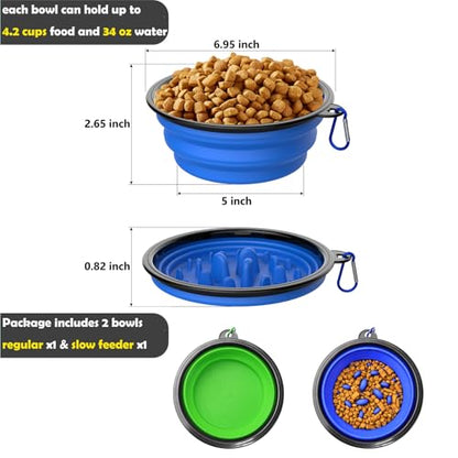 2 Pack [Slow Feeder Design + Regular], Collapsible Dog Bowl Travel Portable Pet Bowls, [34oz,1000ml] Foldable Food Water Feeding Dishes for Traveling Hiking Walking with Carabiners [Blue,Green] - color: Blue+Green