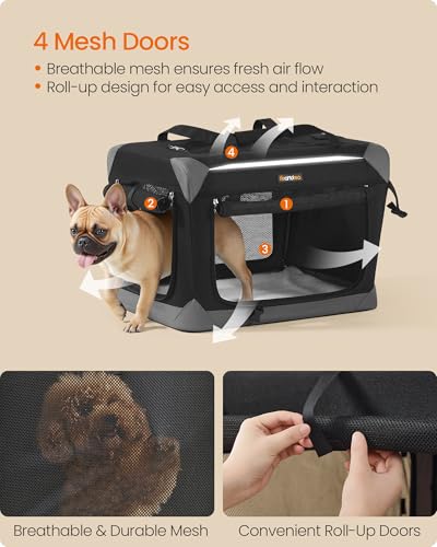 Feandrea Collapsible Dog Crate, Portable Oxford Fabric Pet Travel Crate with 4 Mesh Doors, Handles, Pocket, 24 Inches, for Small Dogs, Ink Black and Dove Gray UPDC026BH01 - size: M (24"L x 16.5"W x 16.5"H)