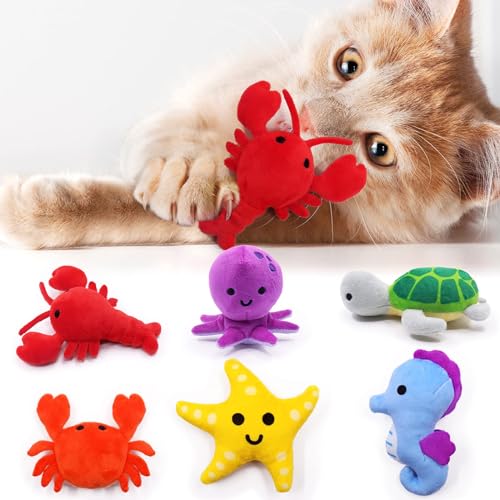 Catnip Toys for Indoor Cats Kitten Interactive Toys for Cat Lovers Gifts Chew Bite Kick Toys Supplies Lobster Octopus Crab Starfish Seahorse Sea Turtle Seafood Plush Catmint Pet Presents Set of 6 - color: Sea Animal - 6Pcs