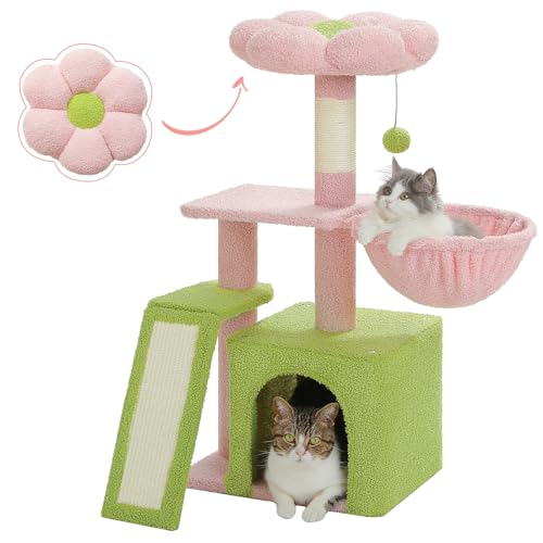 PETEPELA Flower Cat Tree for Indoor Cats, 32'' Small Cat Tower Cat Condo with Sisal Scratching Ramp, Cozy Hammock and Removable Flower Bed Perch for Kittens, Pink - color: Pink, size: Scratching Tree