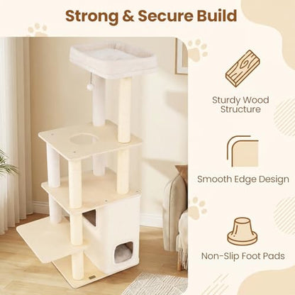 Tangkula Tall Cat Tree, 63 Inch Multi-Level Wood Cat Tower with Sisal Scratching Posts & Mat, 2-Story Condo, Plush Padded Top Perch, Dangling Ball, Modern Cat Tree Tower for Indoor Cats Large Adult - size: 63 Inch
