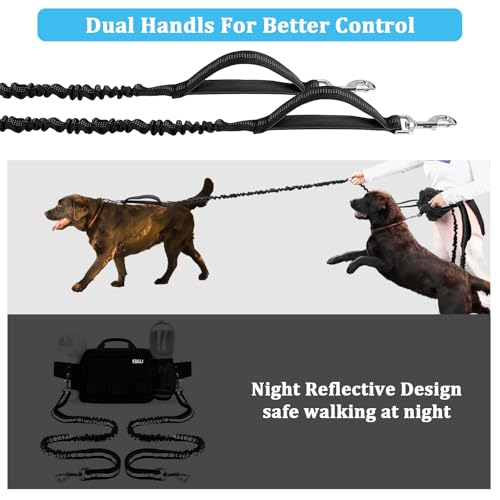 Hands Free Dog Leash with Zipper Pouch, Waist Belt for Large Medium 2 Dogs for Running, Walking, Jogging and Hiking, Dual Padded Handles and Durable Bungee - Black (2 Dog) - color: 2 Dog Black