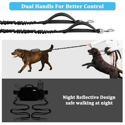 Hands Free Dog Leash with Zipper Pouch, Waist Belt for Large Medium 2 Dogs for Running, Walking, Jogging and Hiking, Dual Padded Handles and Durable Bungee - Black (2 Dog) - color: 2 Dog Black