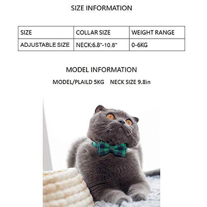 Cat Collar Breakaway with Bell and Bow Tie, Plaid Design Adjustable Safety Kitty Kitten Collars(6.8''-10.8'') (Green Plaid) - color: Green Plaid