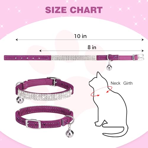 BINGPET Diamond Cat Collar with Bell, Adjustable Soft Velvet Bling Rhinestone Cat Collar, Sparkly Kitten Collar with Safety Elastic & Metal Buckle for Small Medium Cats - color: Purple(Rhinestones), size: Neck Girth 8"-10"