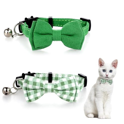 2 Pcs Bowtie Cat Collar with Bell Breakaway Cat Collars Cute Boy Kitten Collar Adjustable Small Puppy Safety Collar Solid Color Plaid Pet Collar (Green) - color: green