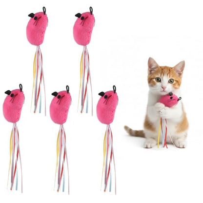 5PCS Premium Catwandtoy Accessories with Ribbons, Cat Mouse Toy for Indoor Catkitten Play Flopping Toy Filled Soft Plush Interactive No Catnip Feline Chew Plaything for Indoor Cats Kitten Exercise