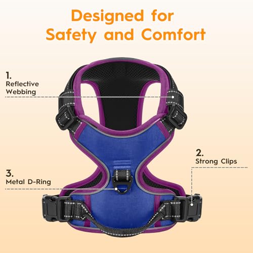 No Pull Dog Harness, No Chock Reflective Adjustable Soft Padded Pet Vest with Easy Control Handle, Easy Wearing with Stylish, Reinforced Knot, 2 Buckles - color: Blue/Purple, size: X-Small