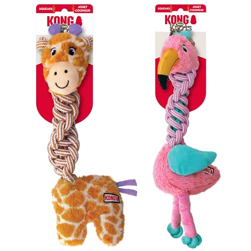 KONG Knots Twists Dog Toys, 2-Pack Assorted – Durable Braided Rope with Squeaker, Minimal Stuffing, Soft & Tough Chew Toy for Thrashing & Teeth Cleaning (Medium/Large) - size: Medium/Large