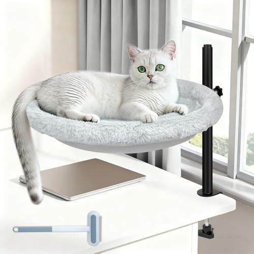 Cat Bed for Desk - Equipped with a multifunctional brush for hair removal. 360° Rotating & Height Adjustable Cat Hammock Supports Up to 50 lbs, Removable & Washable, Nest Bed Attachment Round Hammock