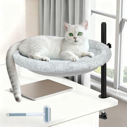 Cat Bed for Desk - Equipped with a multifunctional brush for hair removal. 360° Rotating & Height Adjustable Cat Hammock Supports Up to 50 lbs, Removable & Washable, Nest Bed Attachment Round Hammock