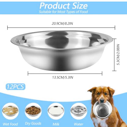 12 Pcs Stainless Steel Dog Bowls, 48 oz (6 Cups) Metal Dog Bowl Suitable for Medium to Large Dogs and Cats for Food or Water, Dishwasher Safe