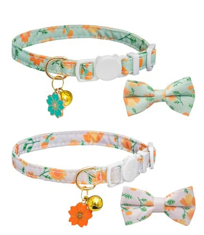 Breakaway Cat Collar with Bow Tie,2 Pack Adjustable Kitten Collars with Removeable Bowtie and Bells for Girl Boy Cats. (Green and Orange) - color: green and orange