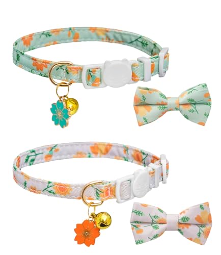 Breakaway Cat Collar with Bow Tie,2 Pack Adjustable Kitten Collars with Removeable Bowtie and Bells for Girl Boy Cats. (Green and Orange) - color: green and orange