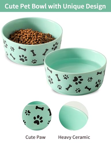 UBEE Ceramic Dog Bowl Set of 2, 6.5 inch Dog Food Bowl Dish with Bone Paw Pattern, Pet Food Water Dish Feeding for Small and Meidum Dogs and Large Cat, Green - color: Green-dog paw, size: 6.5 inch x 2