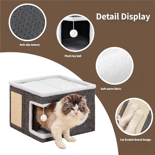 LUMIXA Large Cat Bed House & Hideaway - Warm Fluffy Indoor Cat Cave with Removable Washable Cushion, Non-Slip Bottom, Scratch Pad & Toy Ball for Big Cats/Kittens, Foldable Cat Condo (Blue) - color: blue